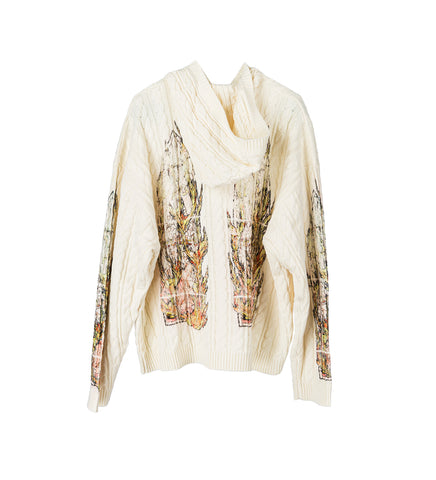 FLAME GLASS CABLE KNIT HOODED PULLOVER CREAM
