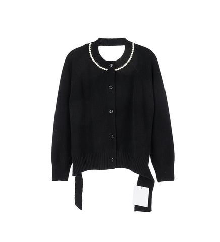 OPEN BACK LONG SLEEVE CARDIGAN W/TIE&EMB TAI BLACK/PEARL