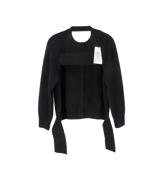 OPEN BACK LONG SLEEVE CARDIGAN W/TIE&EMB TAI BLACK/PEARL