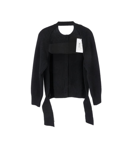 OPEN BACK LONG SLEEVE CARDIGAN W/TIE&EMB TAI BLACK/PEARL