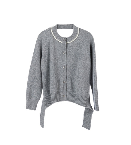 OPEN BACK LONG SLEEVE CARDIGAN W/TIE&EMB TAI PEBBLE/PEARL