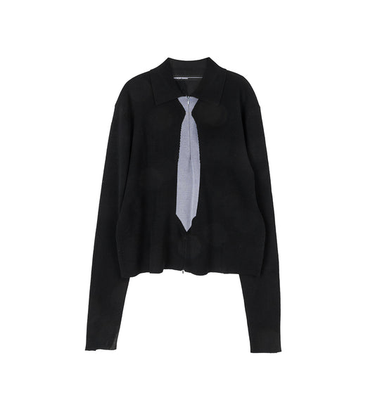 GRAY TIE KNITTED ZIP UP POLO BLACK