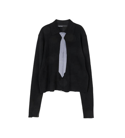 GRAY TIE KNITTED ZIP UP POLO BLACK