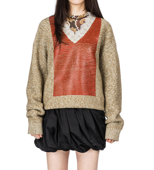 LACE TRIM V NECK JUMPER COBBLESTONE/RED