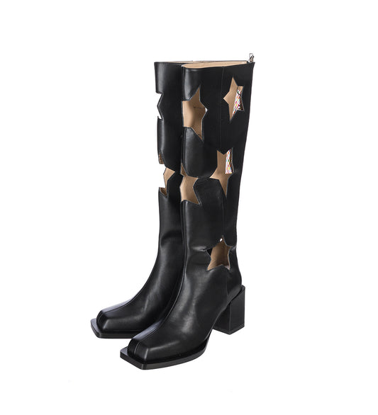 STAR CUT LEATHER BOOTS HEEL VERSION BLACK