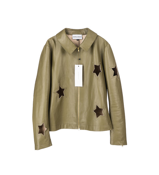 MATTE PANELED LEATHER JACKET WITH STAR CUT-OUTS OLIVE