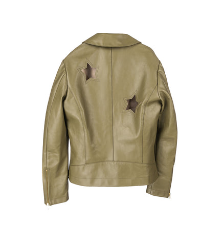 MATTE PANELED LEATHER JACKET WITH STAR CUT-OUTS OLIVE