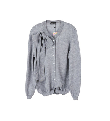 CLASSIC FRENCH KNITTED MERINO BOW CARDIGAN GREY