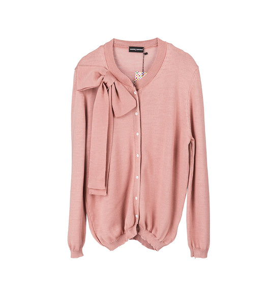 CLASSIC FRENCH KNITTED MERINO BOW CARDIGAN ROSE