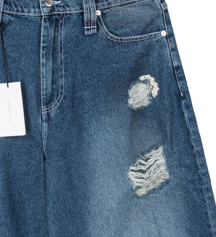 DISTRESSED WIDE LEG PUDDLE JEANS DISTRESSED BLUE/PEARL/CLEAR