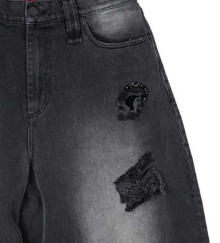 DISTRESSED WIDE LEG PUDDLE JEANS DISTRESSED BLACK/JET