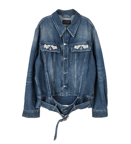 MULTI BELT WAIST TAIL DENIM TRUCKER JACKET DISTRESSED BLUE/PEARL