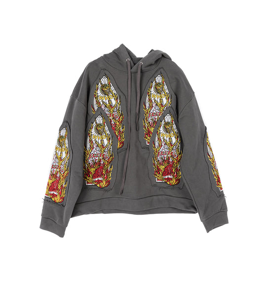 FLAME GLASS EMBROIDERED HOODED PULLOVER VINTAGE GREY