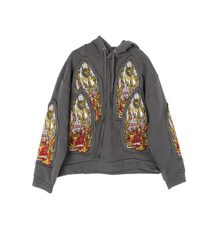 FLAME GLASS EMBROIDERED HOODED PULLOVER VINTAGE GREY