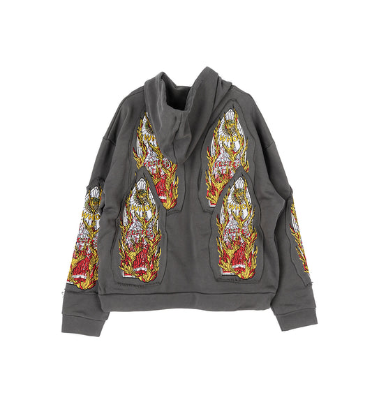 FLAME GLASS EMBROIDERED HOODED PULLOVER VINTAGE GREY