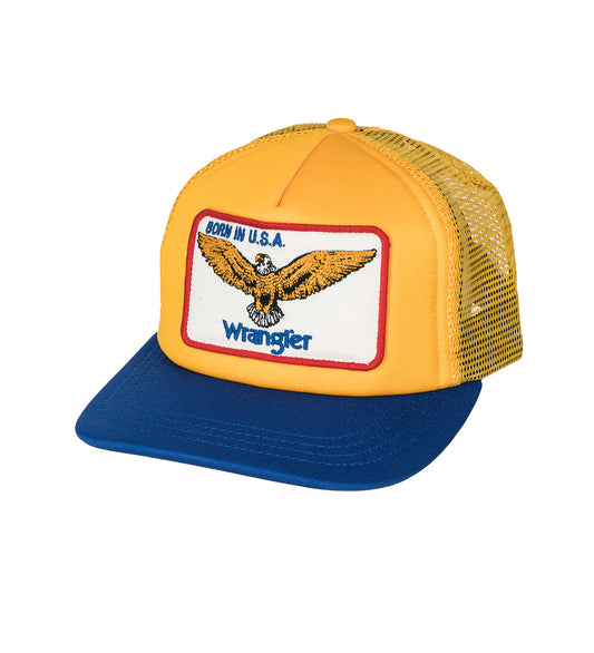 CHERRY LOS ANGELES X WRANGLER BORN INUS TRUCKER HAT YELLOW/BLUE
