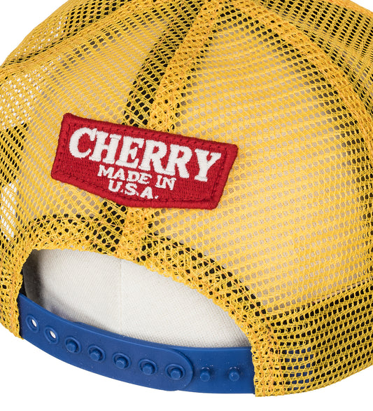 CHERRY LOS ANGELES X WRANGLER BORN INUS TRUCKER HAT YELLOW/BLUE
