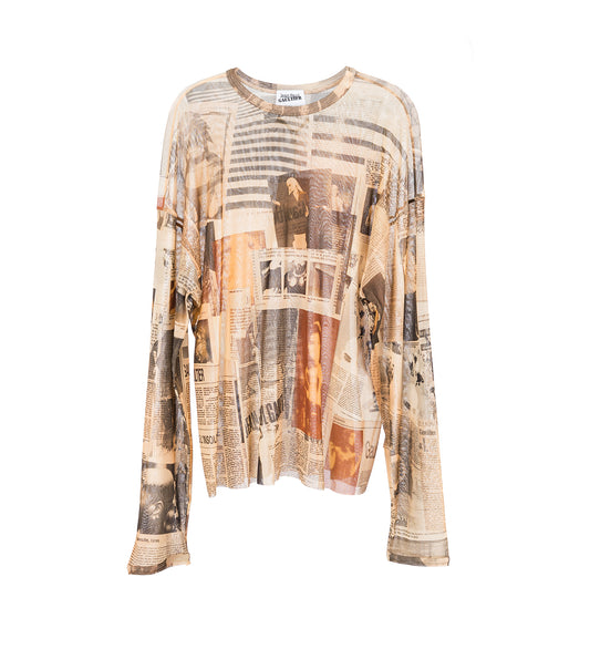 MESH OVERSIZED CREW NECK TOP PRINTED JOURNAL ECRU/LIGHT GREY/RED