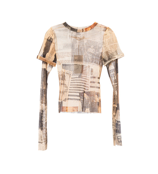 MESH DOUBLE SLEEVES BABY TEE PRINTED JOURNAL ECRU/LIGHT GREY/RED