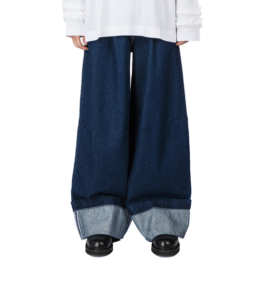 WIDE LEG PUDDLE DENIM JEANS W/EMB INDIGO/CLEAR