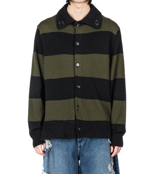 FUZZY COLLAR STRIPED RUGBY KNIT CARDIGAN W/EMB KHAKI/BLACK/JET