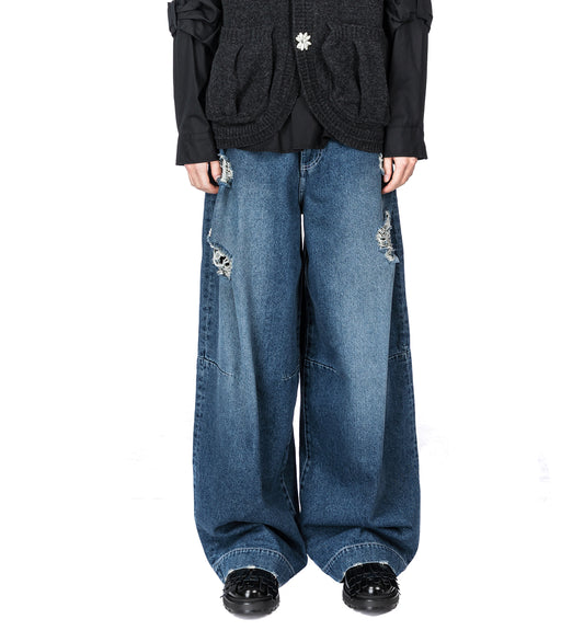 DISTRESSED WIDE LEG PUDDLE JEANS DISTRESSED BLUE/PEARL/CLEAR