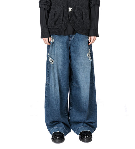 DISTRESSED WIDE LEG PUDDLE JEANS DISTRESSED BLUE/PEARL/CLEAR