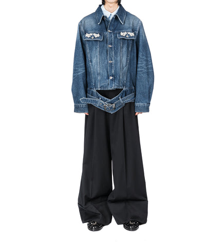 MULTI BELT WAIST TAIL DENIM TRUCKER JACKET DISTRESSED BLUE/PEARL
