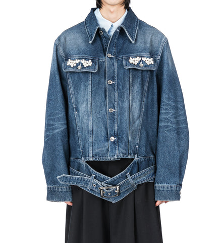 MULTI BELT WAIST TAIL DENIM TRUCKER JACKET DISTRESSED BLUE/PEARL