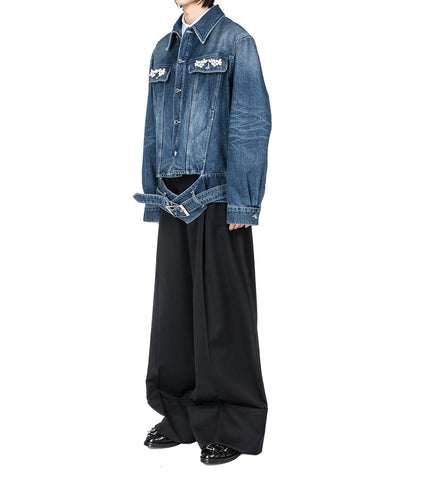 MULTI BELT WAIST TAIL DENIM TRUCKER JACKET DISTRESSED BLUE/PEARL