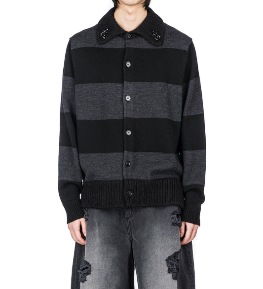 FUZZY COLLAR STRIPED RUGBY KNIT CARDIGAN W/EMB CHARCOAL/BLACK/JET
