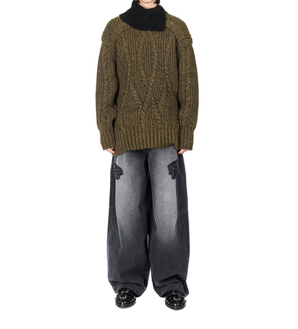 CONTRAST HIGH NECK CHUNKY KNIT JUMPER OLIVE/BLACK