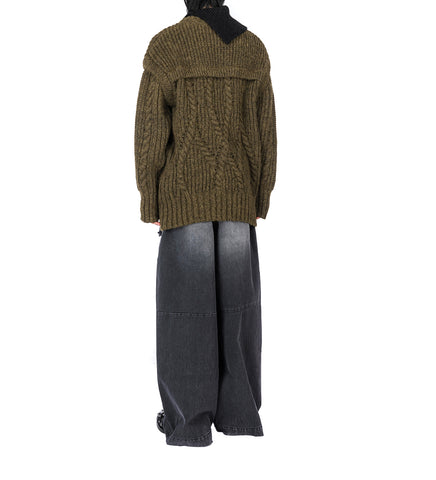 CONTRAST HIGH NECK CHUNKY KNIT JUMPER OLIVE/BLACK