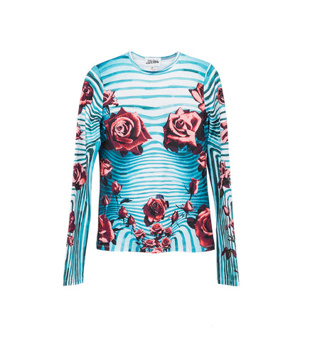 JERSEY LONG SLEEVES TOP PRINTED "FLOWER BODY MORPHING" BLUE/RED/WHITE