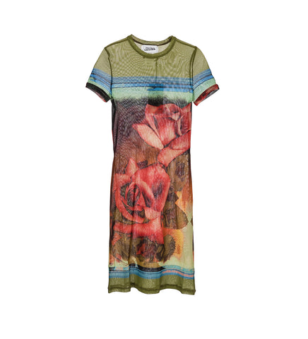 MESH SHORT SLEEVES DRESS PRINTED "ROSES" GREEN/RED/BLUE