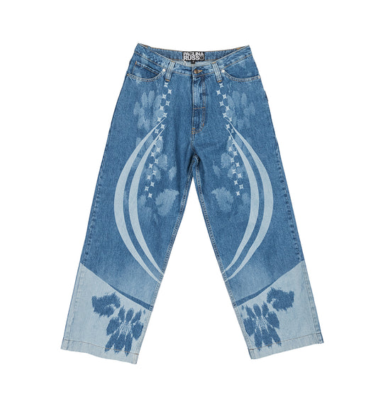 LASER ETCHED BAGGY DENIM TROUSERS BLUE