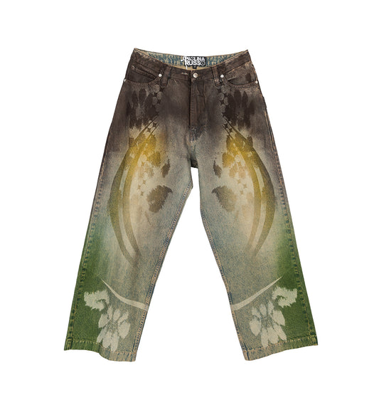 LASER ETCHED BAGGY DENIM TROUSERS BROWN/RAINBOW