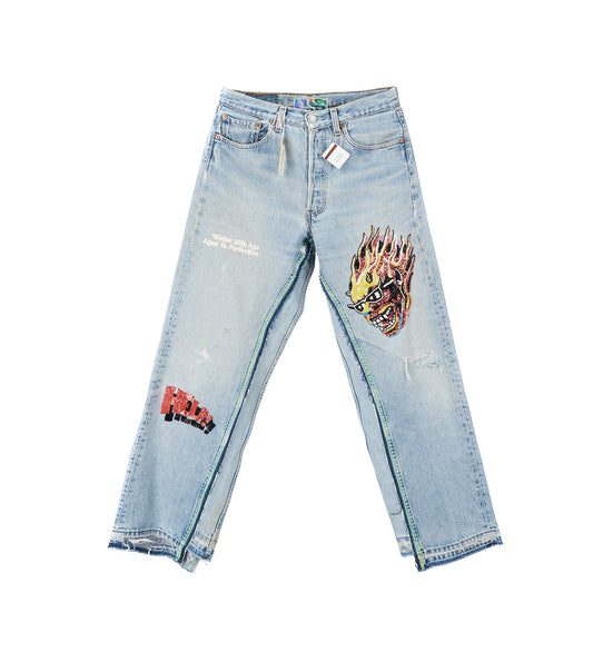 SHAM HAND-BEADED DOUBLE WIDE DENIM PANTS 32