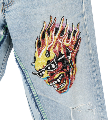 SHAM HAND-BEADED DOUBLE WIDE DENIM PANTS 32