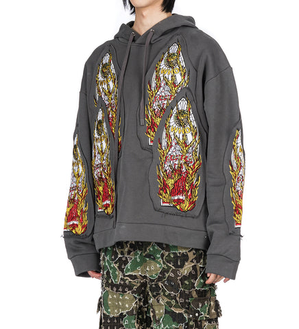 FLAME GLASS EMBROIDERED HOODED PULLOVER VINTAGE GREY