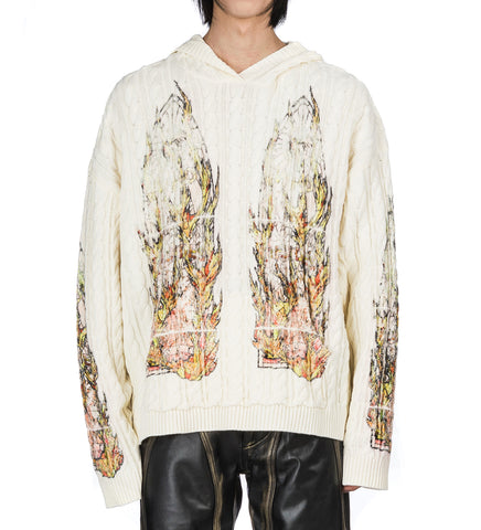 FLAME GLASS CABLE KNIT HOODED PULLOVER CREAM