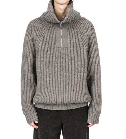 MICHEL EXAGGERATED RIB CASHMERE HALF ZIP WEIMARANER GREY