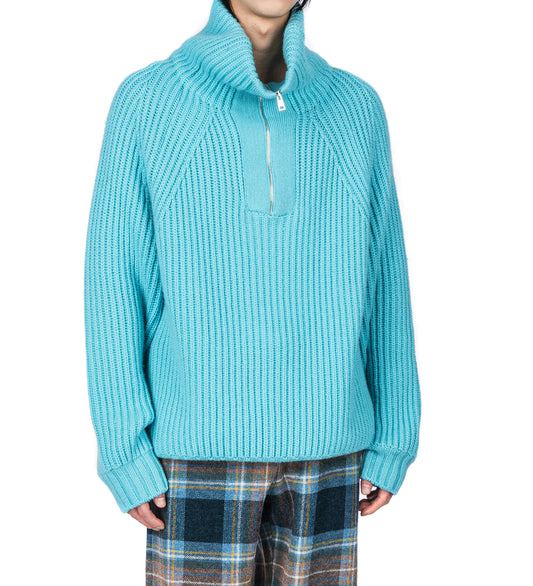 MICHEL EXAGGERATED RIB CASHMERE HALF ZIP LIGHT TURQOISE