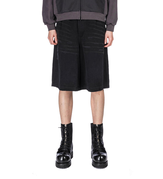 WIDE LEG WORN DENIM SHORTS BLACK