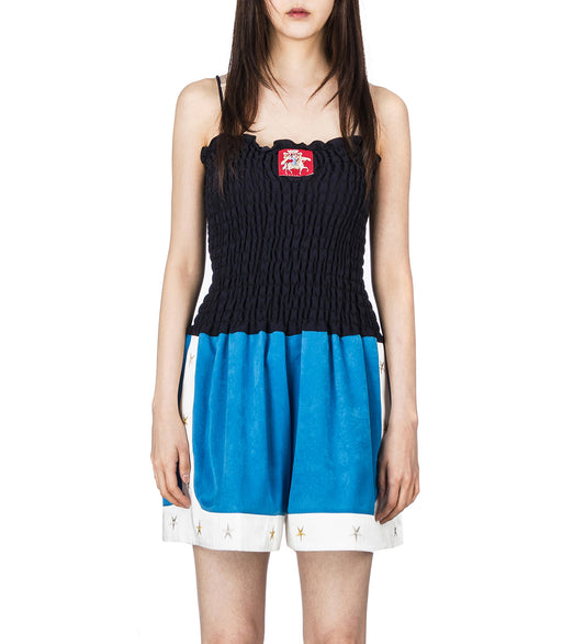 SHIRRED BOXING SHORT ROMPER MULTI