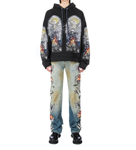 SKULL HOODED PULLOVER COAL MULTI