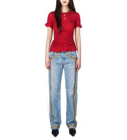 RECONSTITUTED SHIRRED HENLEY T-SHIRT MULTI SMALL
