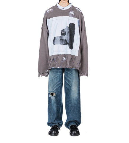 DESTROYED CYBER SNOPPY PATCH SWEATER GRAY