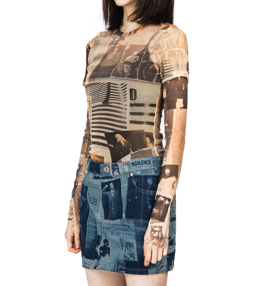 MESH DOUBLE SLEEVES BABY TEE PRINTED JOURNAL ECRU/LIGHT GREY/RED