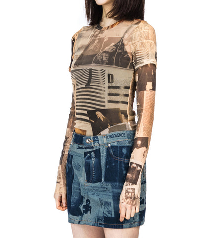 MESH DOUBLE SLEEVES BABY TEE PRINTED JOURNAL ECRU/LIGHT GREY/RED